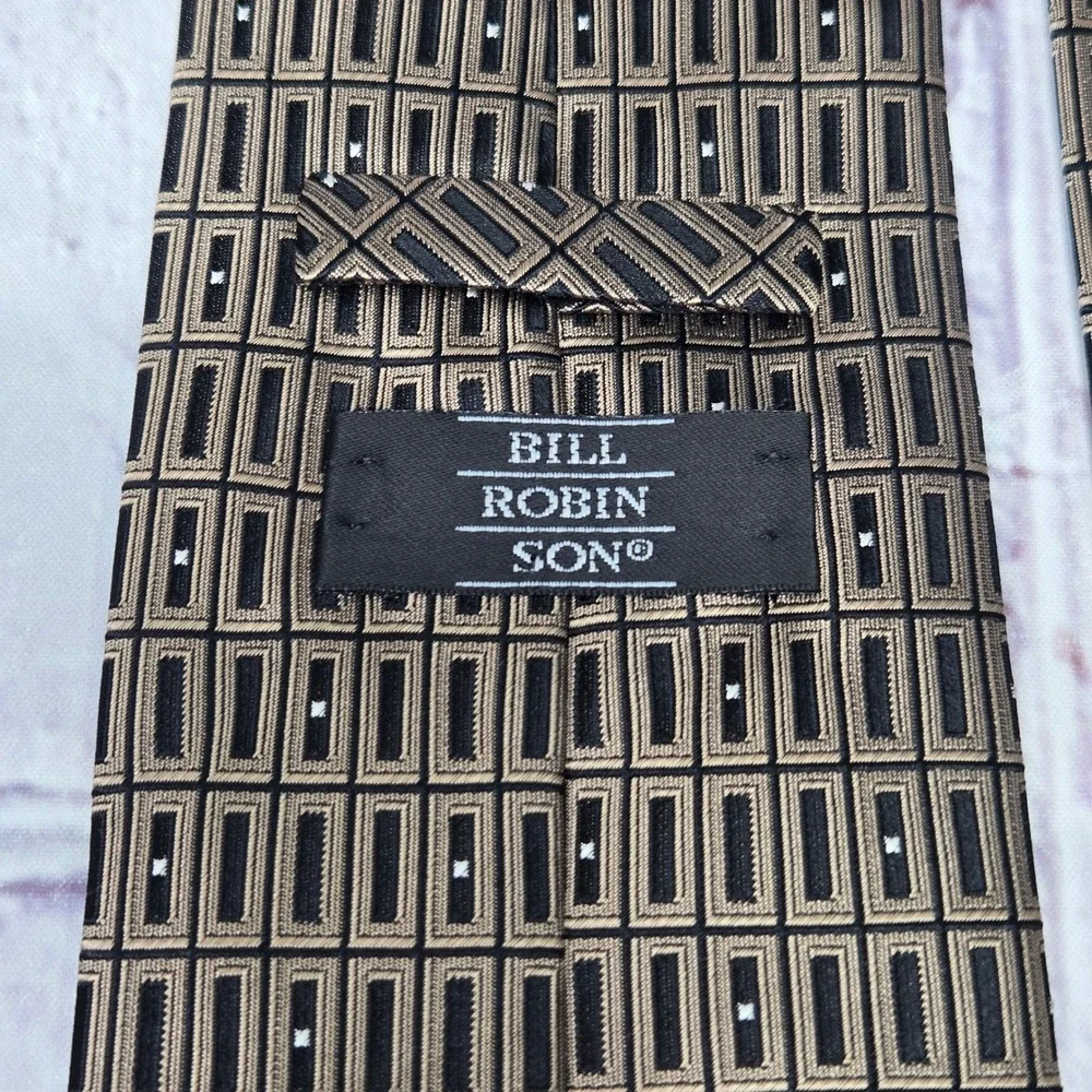 Bill Robinson Tie Gold Black Geometric 100% Silk Hand Made Dress Necktie Mens